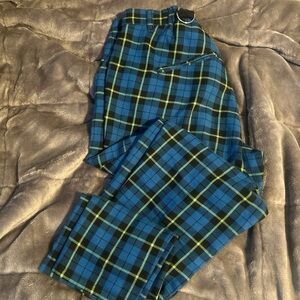 blue, green, black tartan print trousers with silver loops